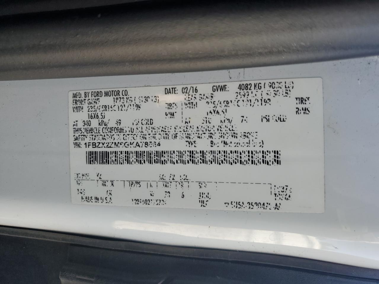 1FBZX2ZM6GKA78564 2016 Ford Transit T-350