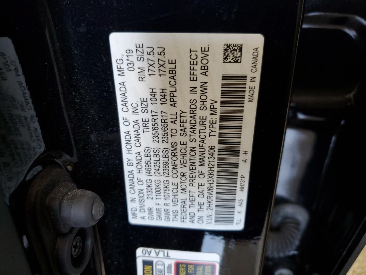 2HKRW6H3XKH213406 2019 Honda Cr-V Lx