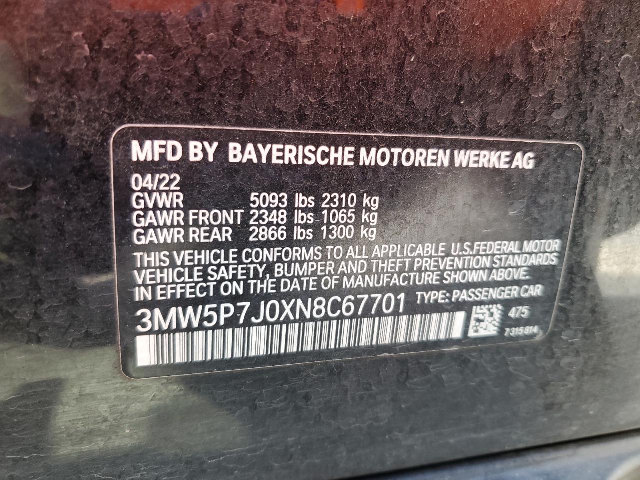 3MW5P7J0XN8C67701 2022 BMW 330E