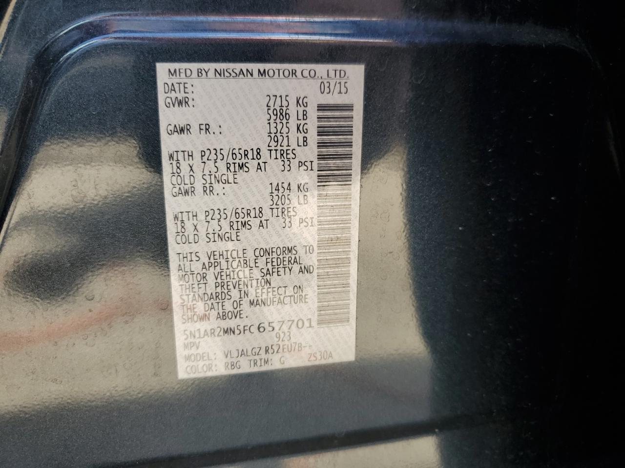 5N1AR2MN5FC657701 2015 Nissan Pathfinder S