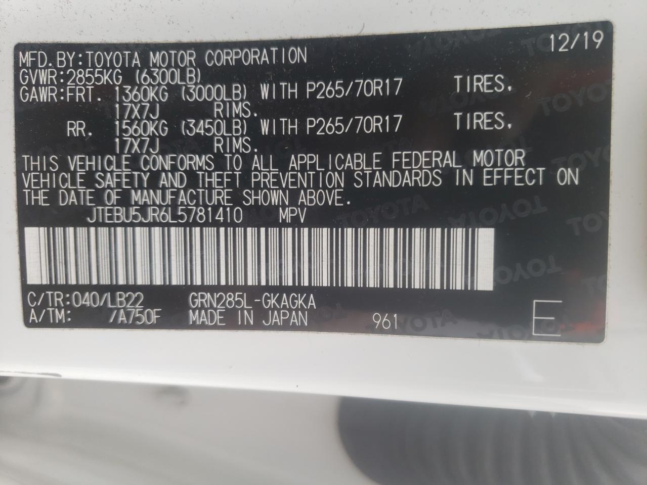 JTEBU5JR6L5781410 2020 Toyota 4Runner Sr5/Sr5 Premium