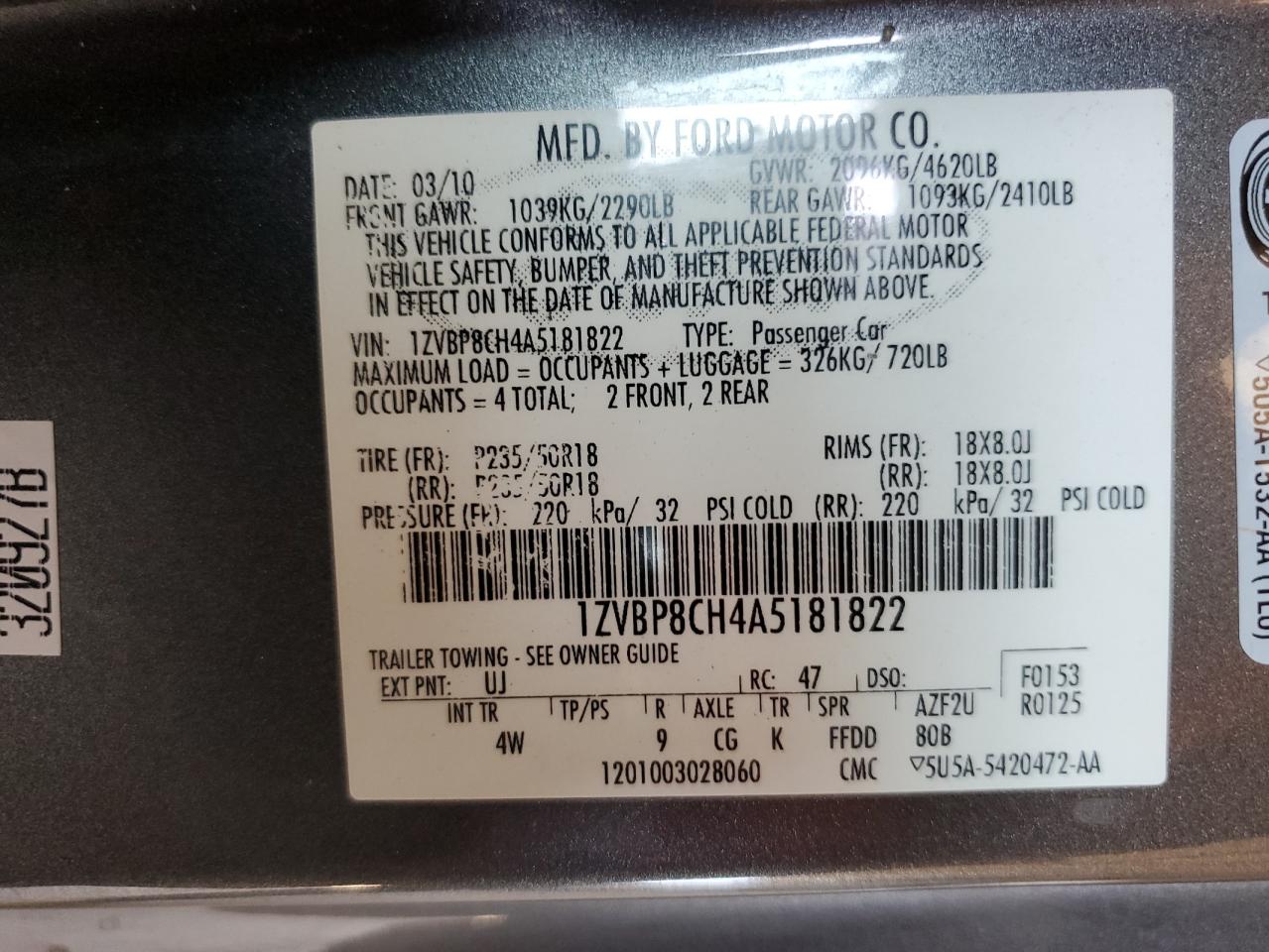 1ZVBP8CH4A5181822 2010 Ford Mustang Gt