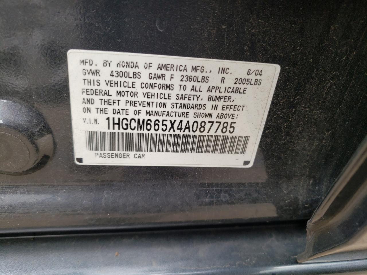1HGCM665X4A087785 2004 Honda Accord Ex
