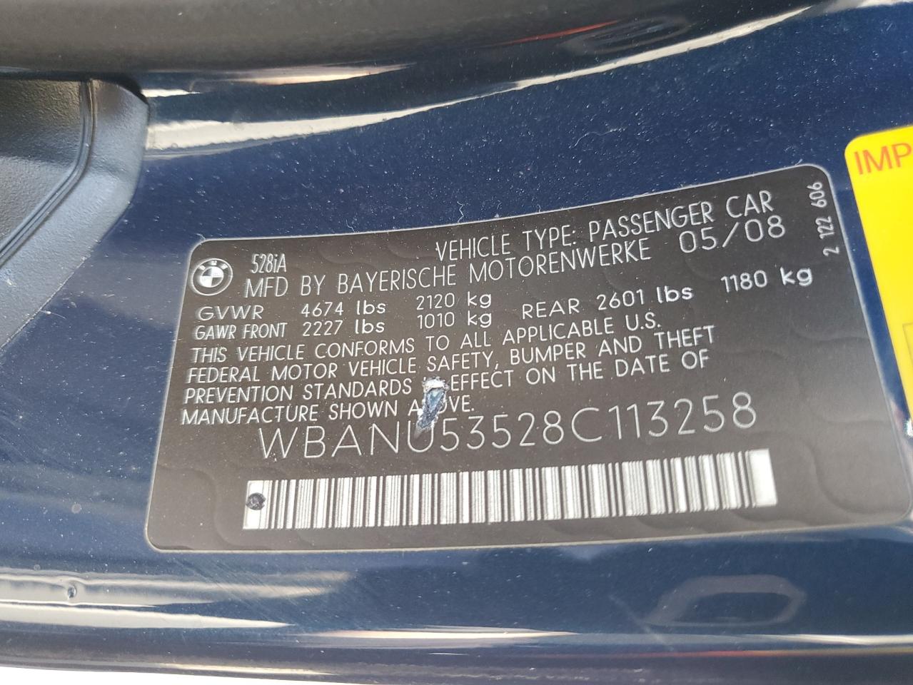 WBANU53528C113258 2008 BMW 528 I