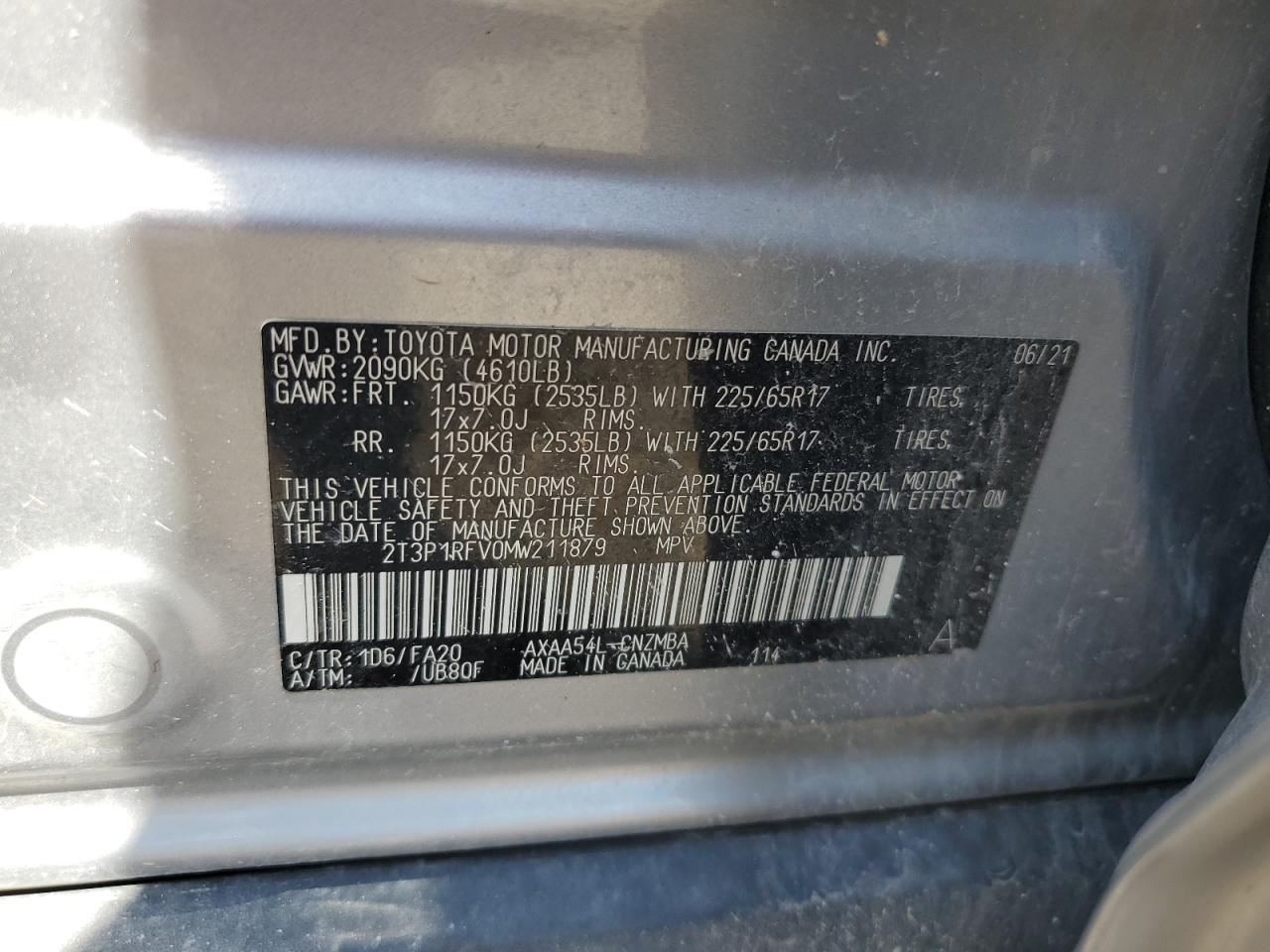 2T3P1RFV0MW211879 2021 Toyota Rav4 Xle