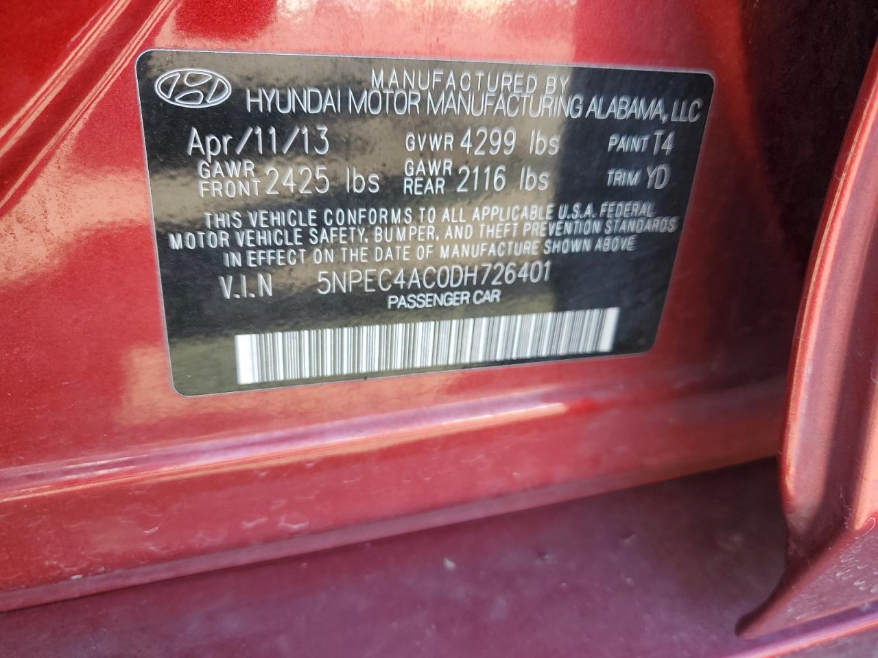 5NPEC4AC0DH726401 2013 Hyundai Sonata Se