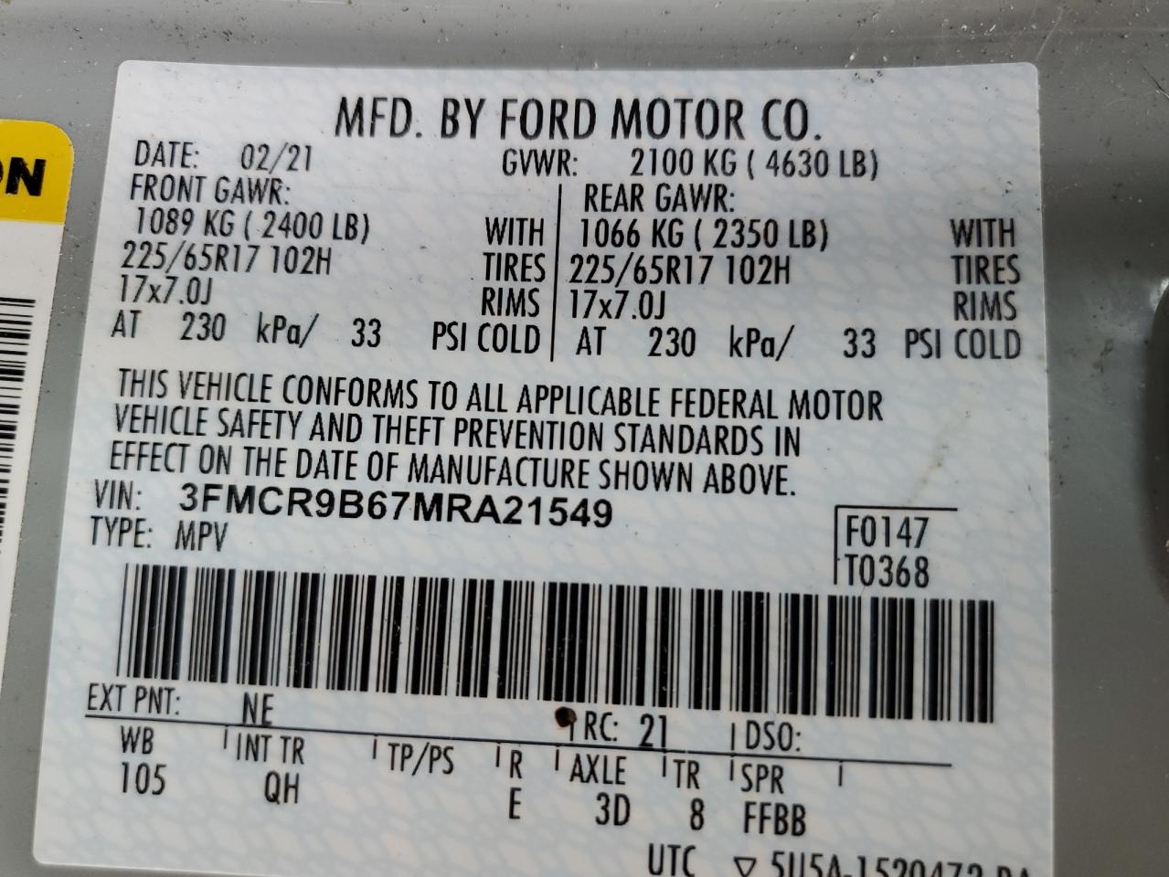 3FMCR9B67MRA21549 2021 Ford Bronco Sport Big Bend