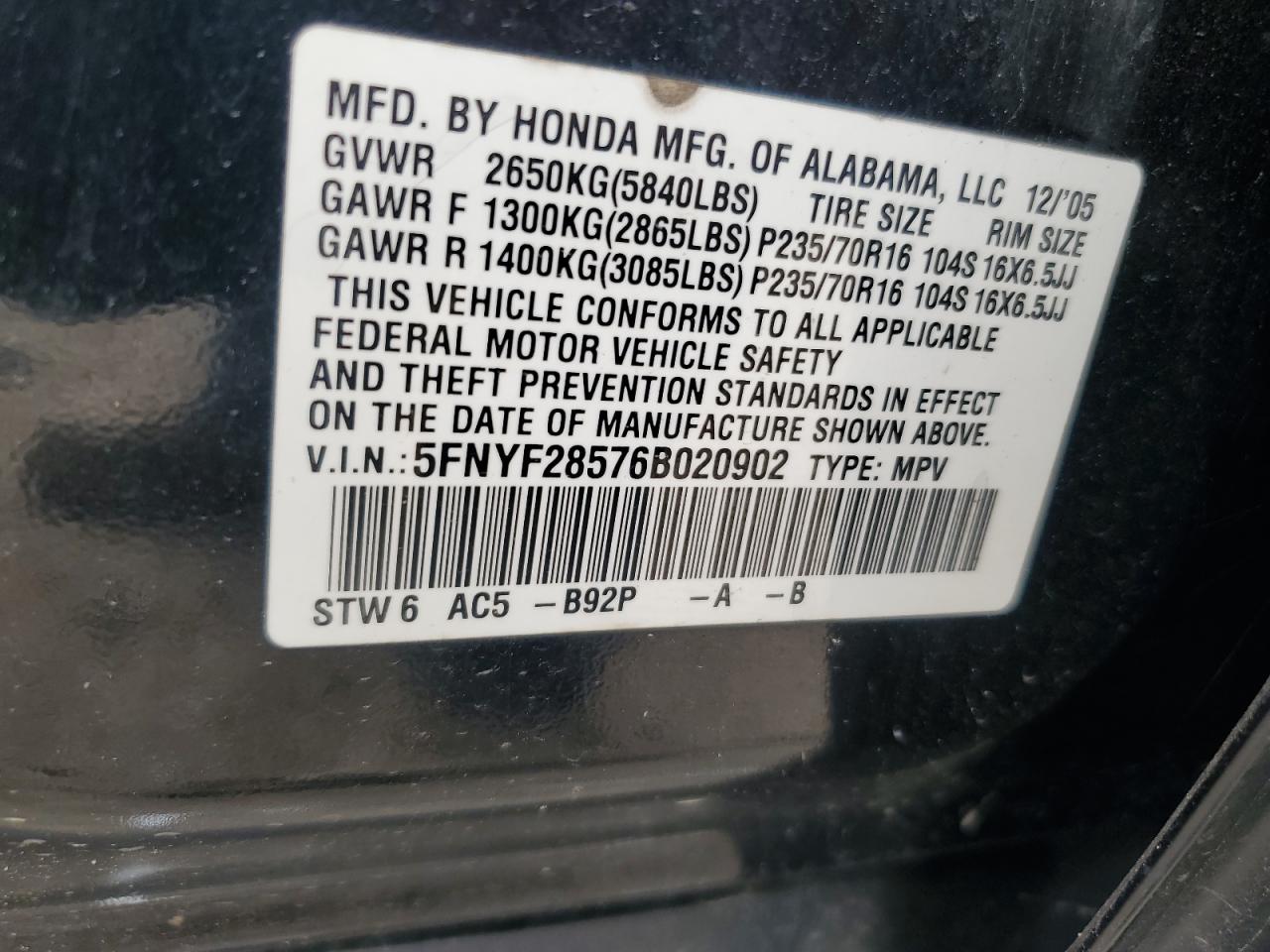 5FNYF28576B020902 2006 Honda Pilot Ex