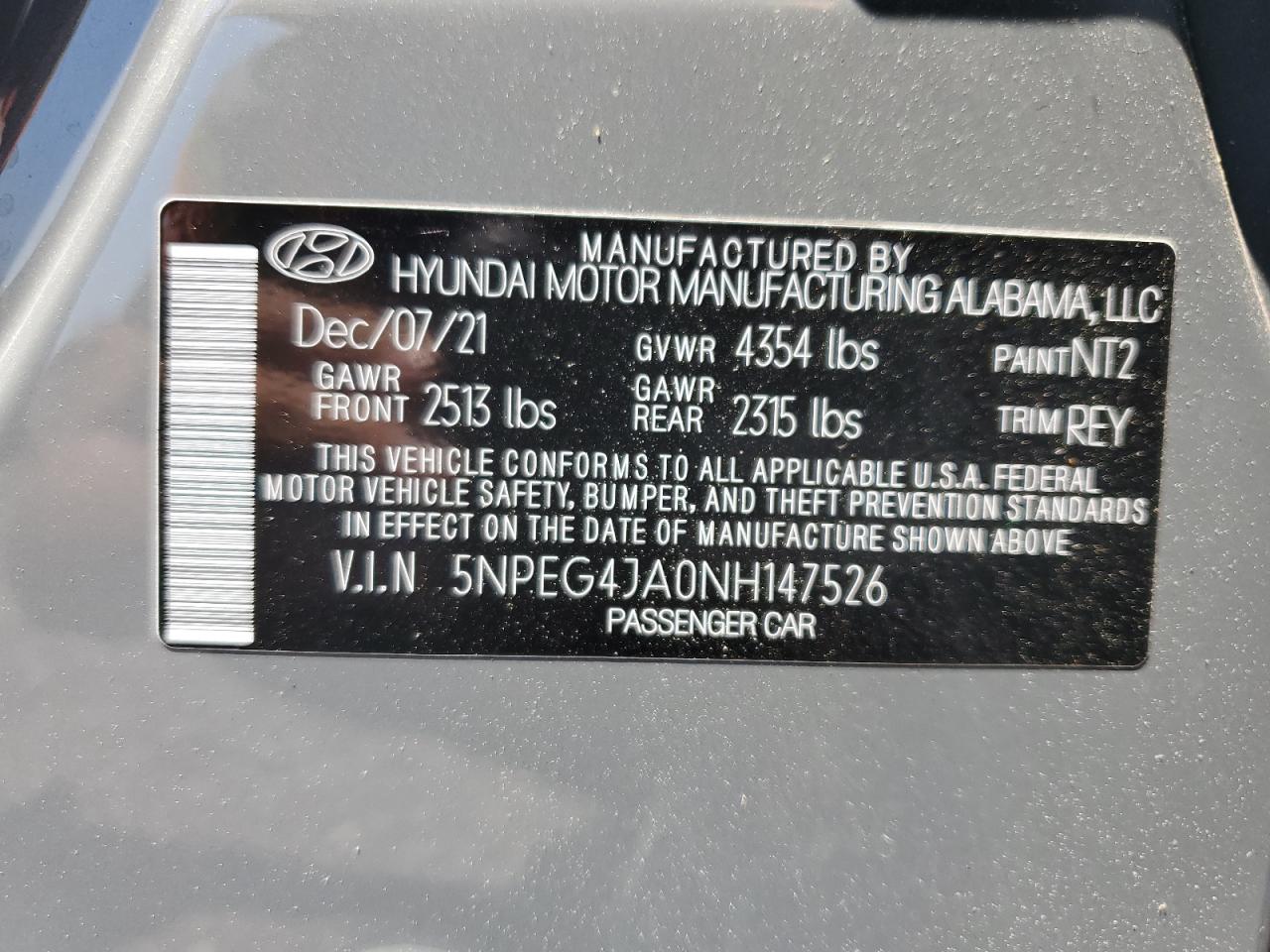 5NPEG4JA0NH147526 2022 Hyundai Sonata Se