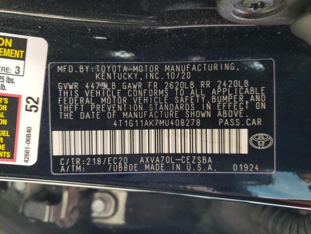 VIN 4T1G11AK7MU408278 2021 Toyota Camry, SE no.12