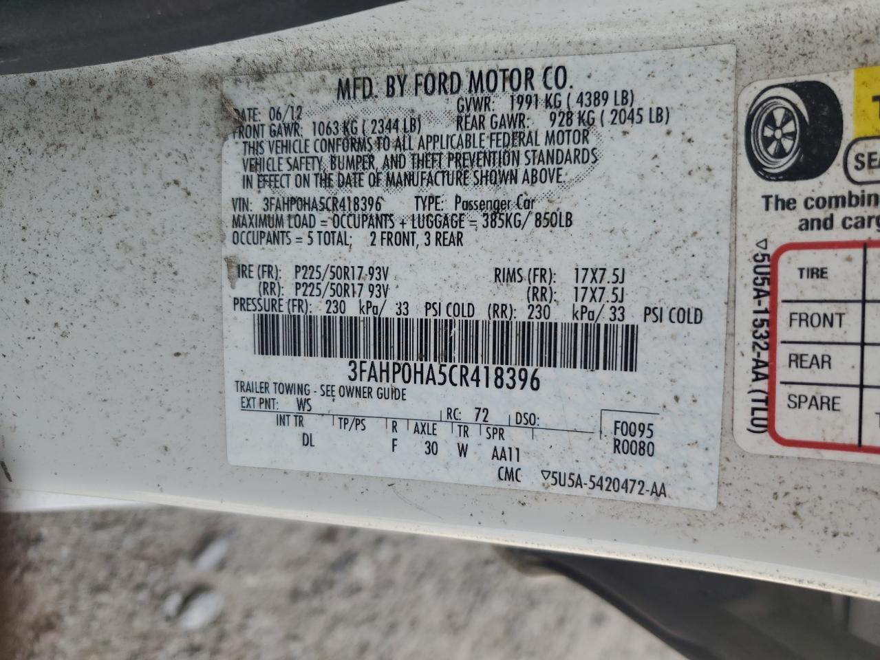 3FAHP0HA5CR418396 2012 Ford Fusion Se