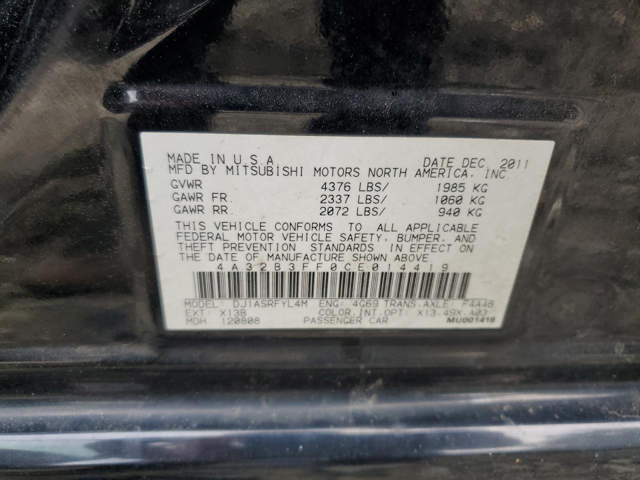 4A32B3FF0CE014419 2012 Mitsubishi Galant Es