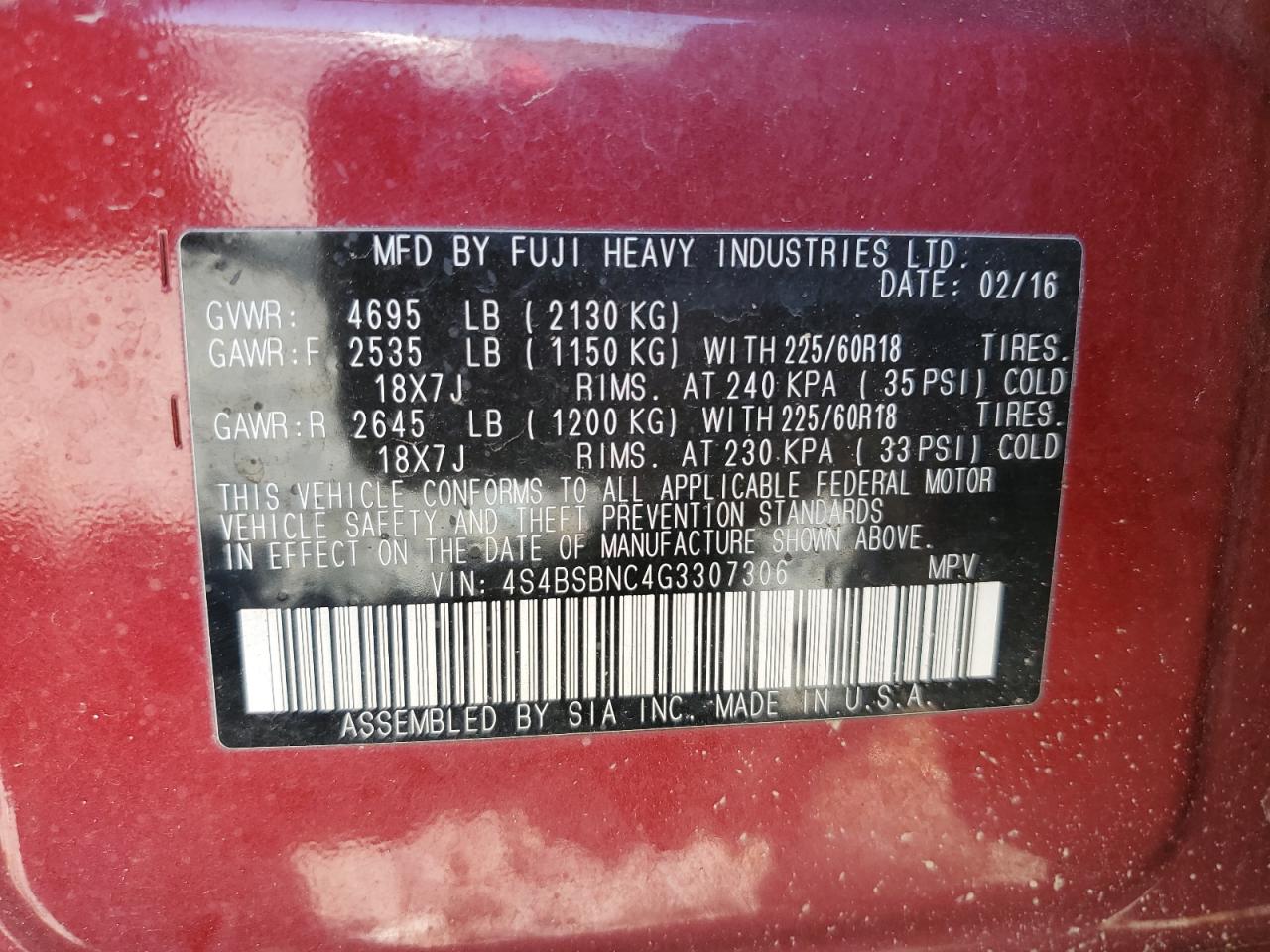 4S4BSBNC4G3307306 2016 Subaru Outback 2.5I Limited