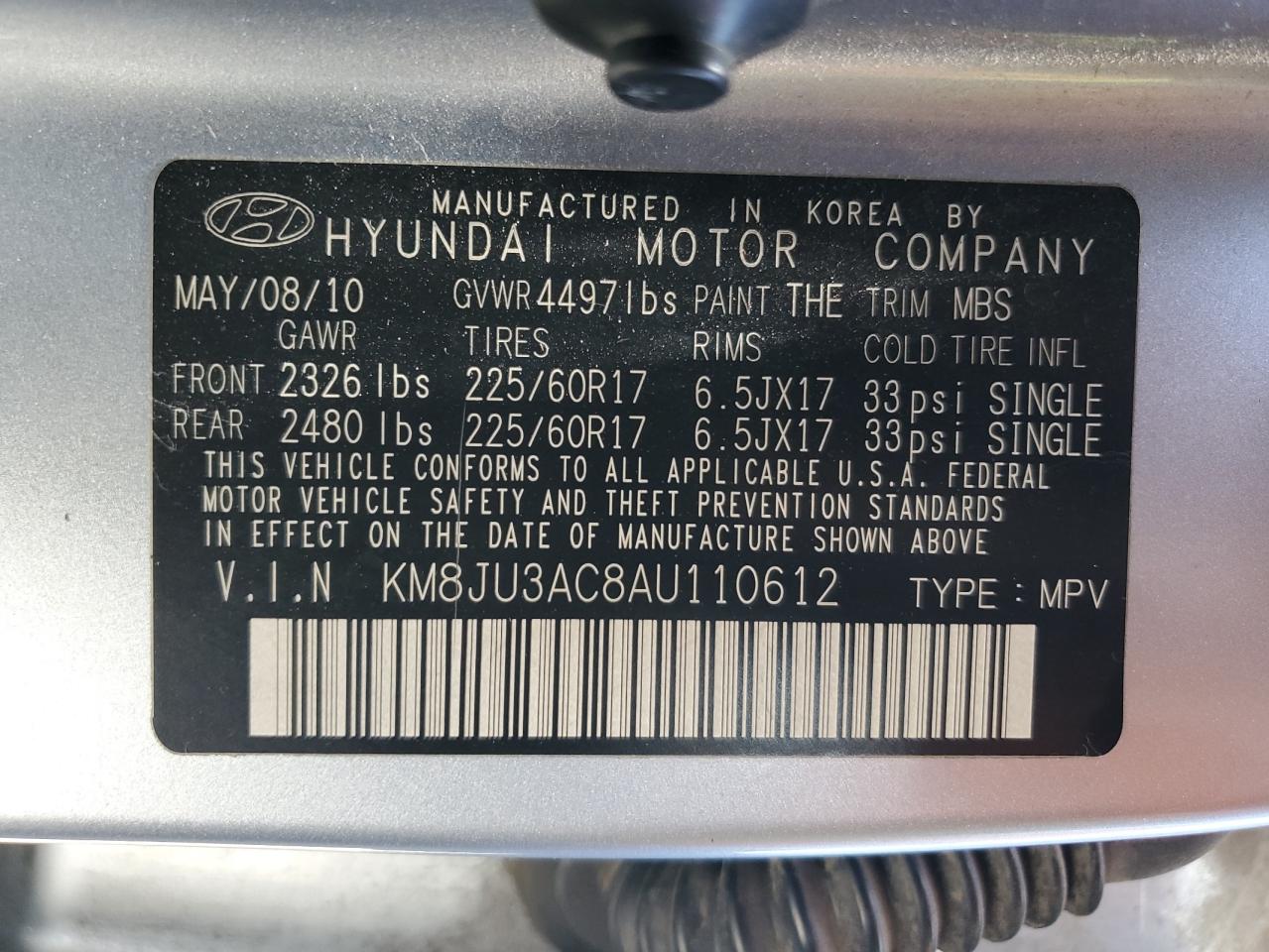 KM8JU3AC8AU110612 2010 Hyundai Tucson Gls