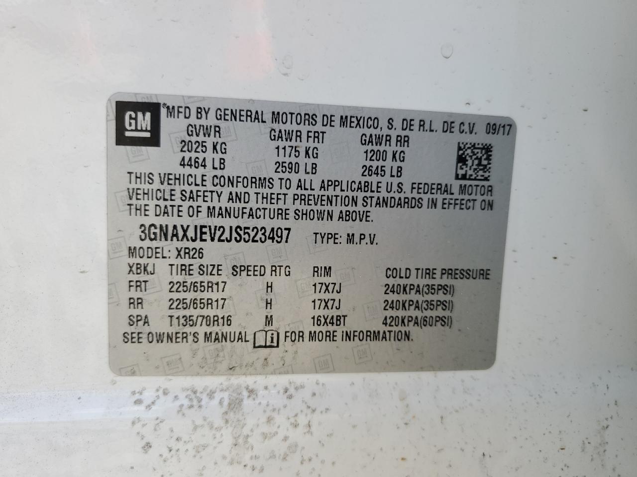 3GNAXJEV2JS523497 2018 Chevrolet Equinox Lt