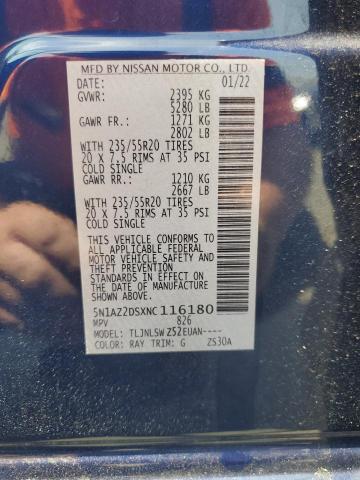 2022 Nissan Murano Platinum VIN: 5N1AZ2DSXNC116180 Lot: 57534084