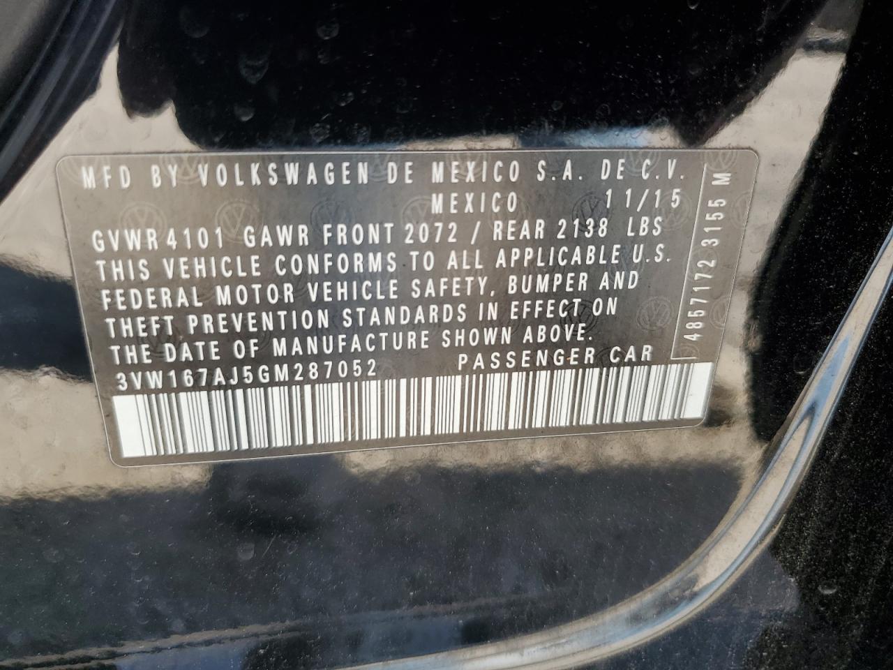 3VW167AJ5GM287052 2016 Volkswagen Jetta S