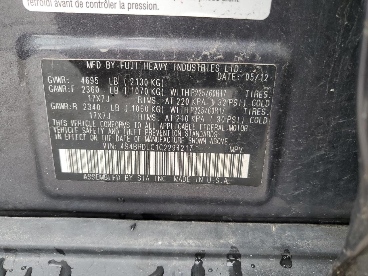 4S4BRDLC1C2294217 2012 Subaru Outback 3.6R Limited