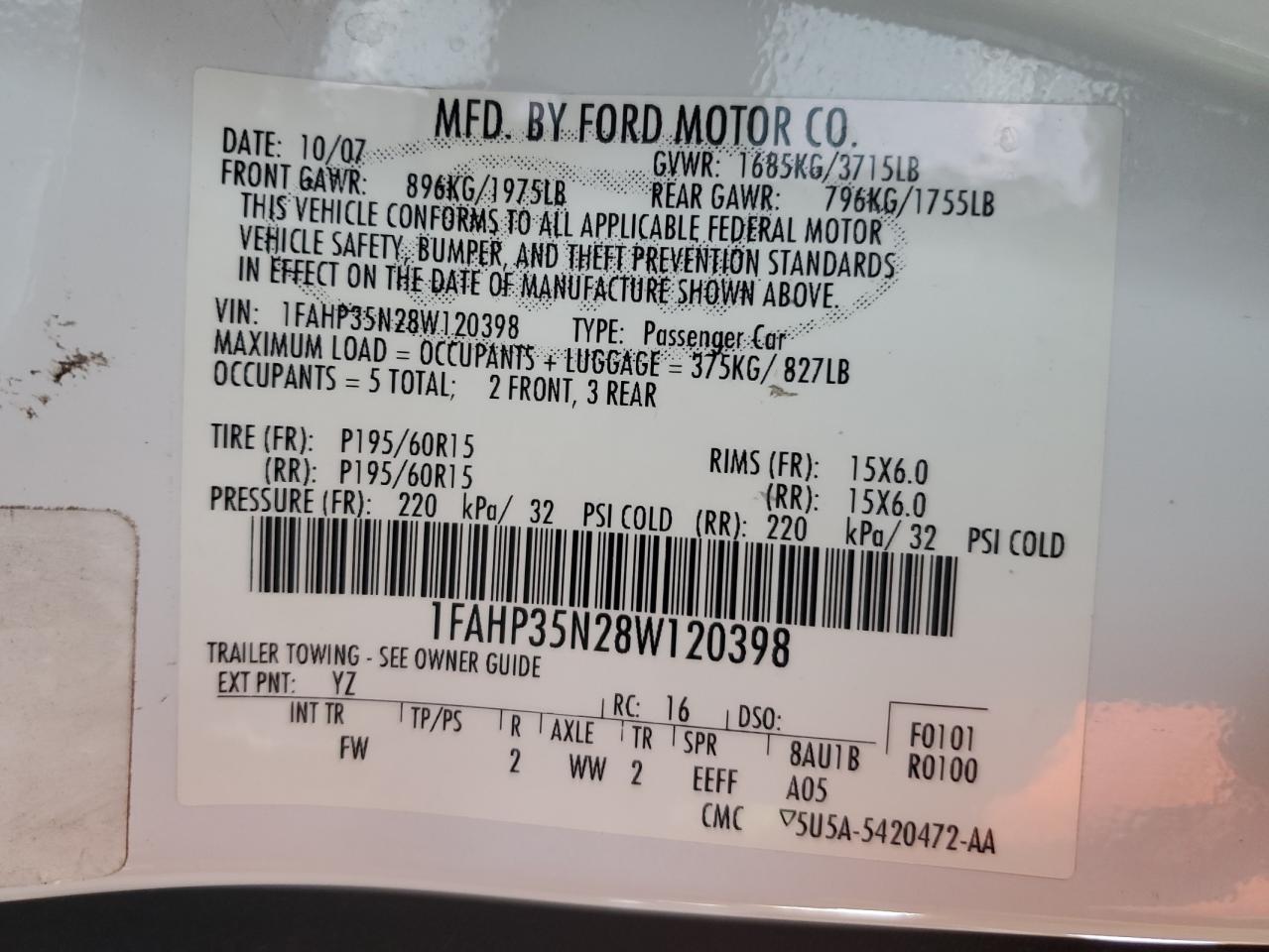 1FAHP35N28W120398 2008 Ford Focus Se