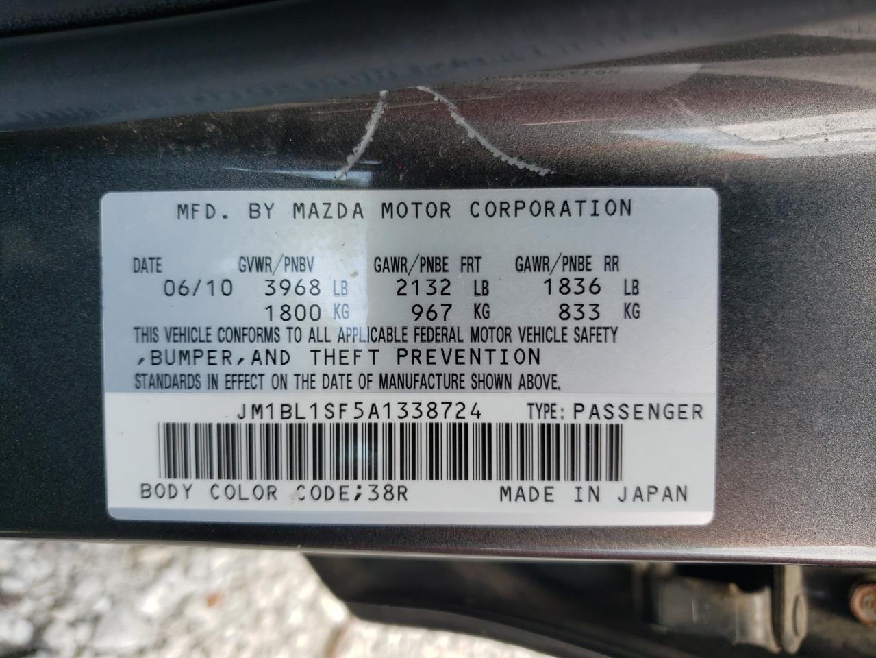 JM1BL1SF5A1338724 2010 Mazda 3 I