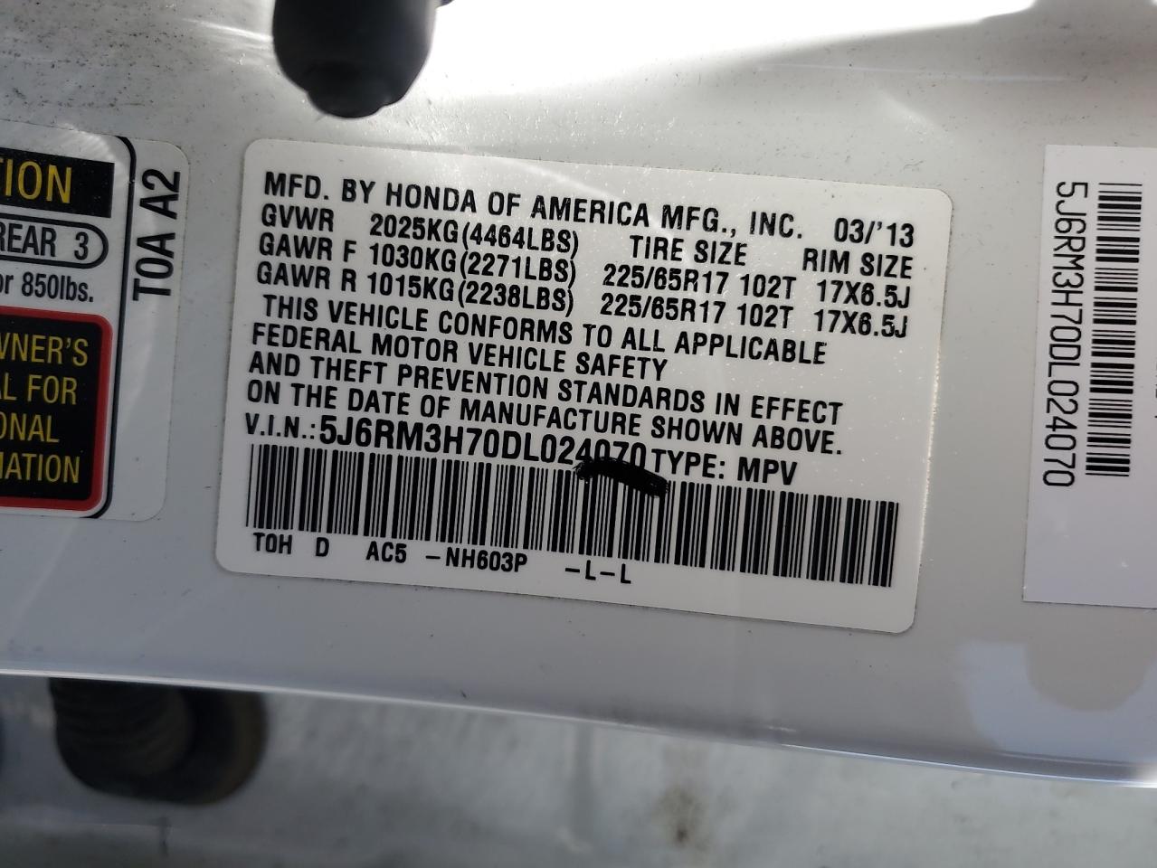 5J6RM3H70DL024070 2013 Honda Cr-V Exl