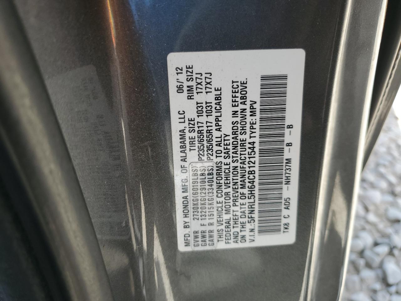 5FNRL5H64CB121544 2012 Honda Odyssey Exl