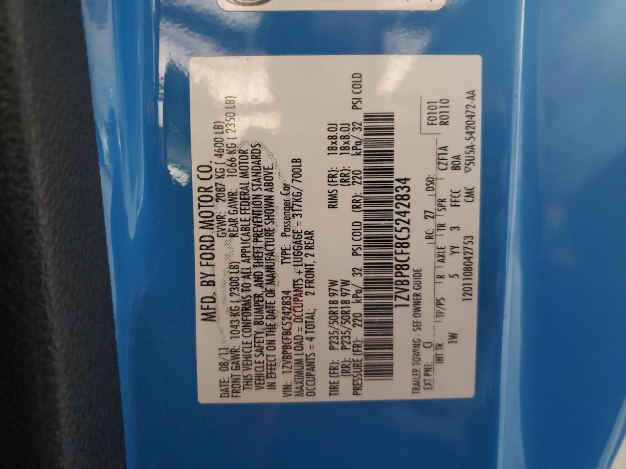 1ZVBP8CF8C5242834 2012 Ford Mustang Gt