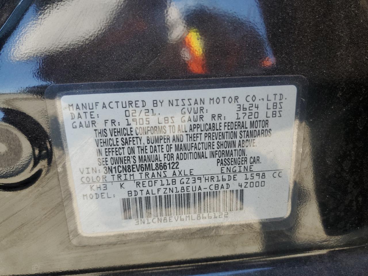 3N1CN8EV6ML866122 2021 Nissan Versa Sv