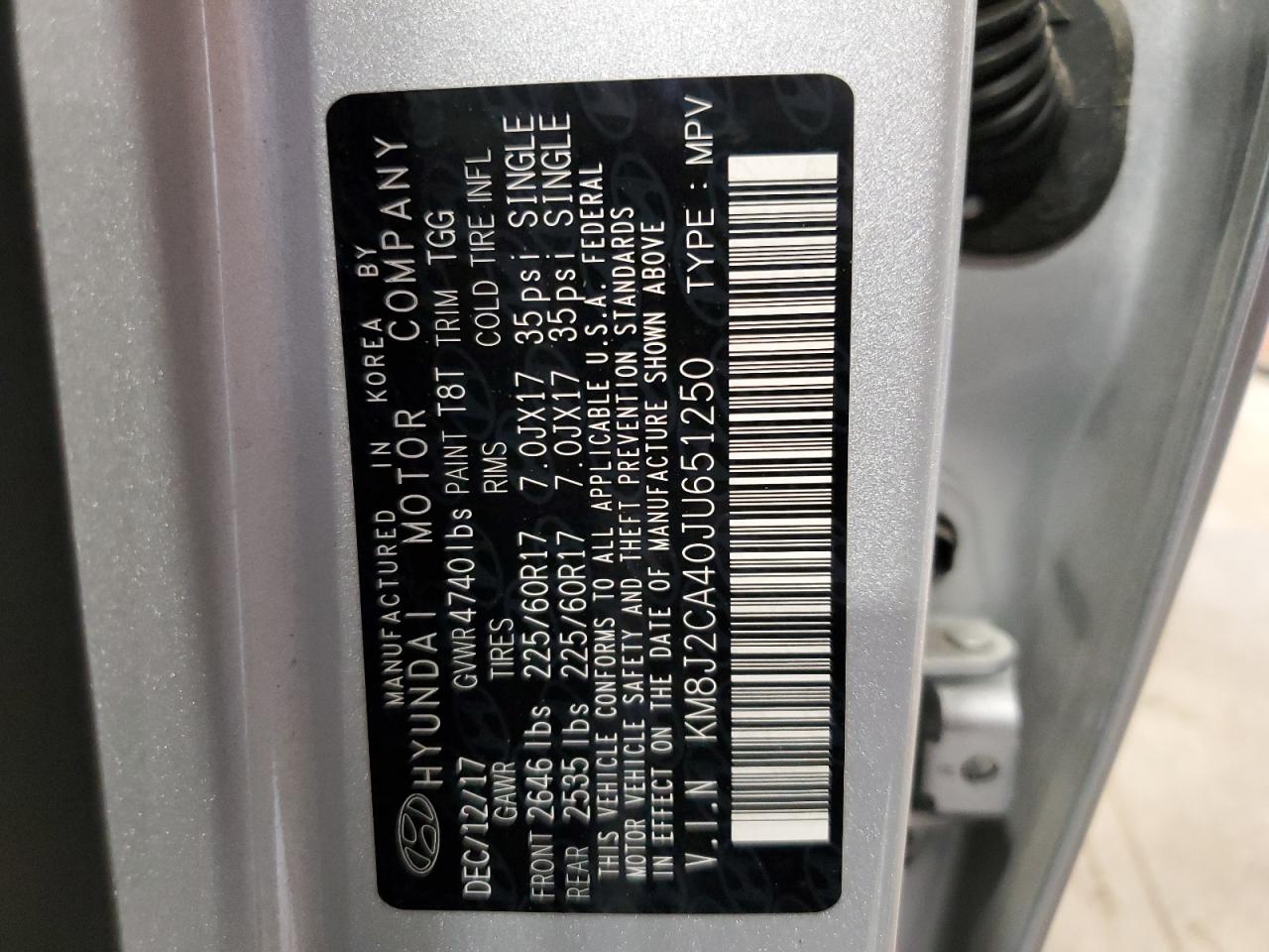 KM8J2CA40JU651250 2018 Hyundai Tucson Se