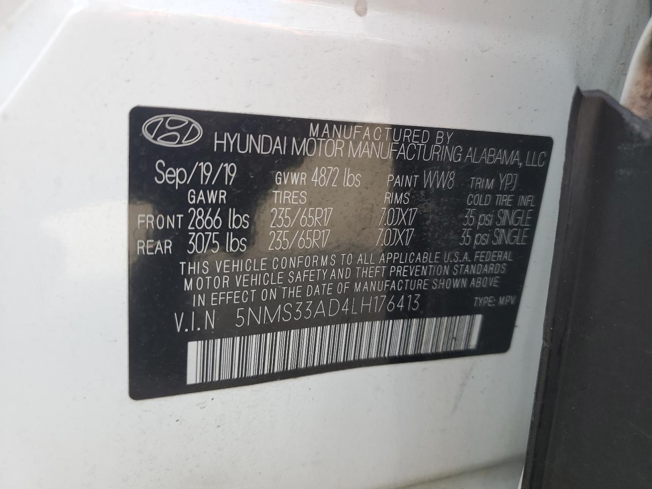 5NMS33AD4LH176413 2020 Hyundai Santa Fe Sel