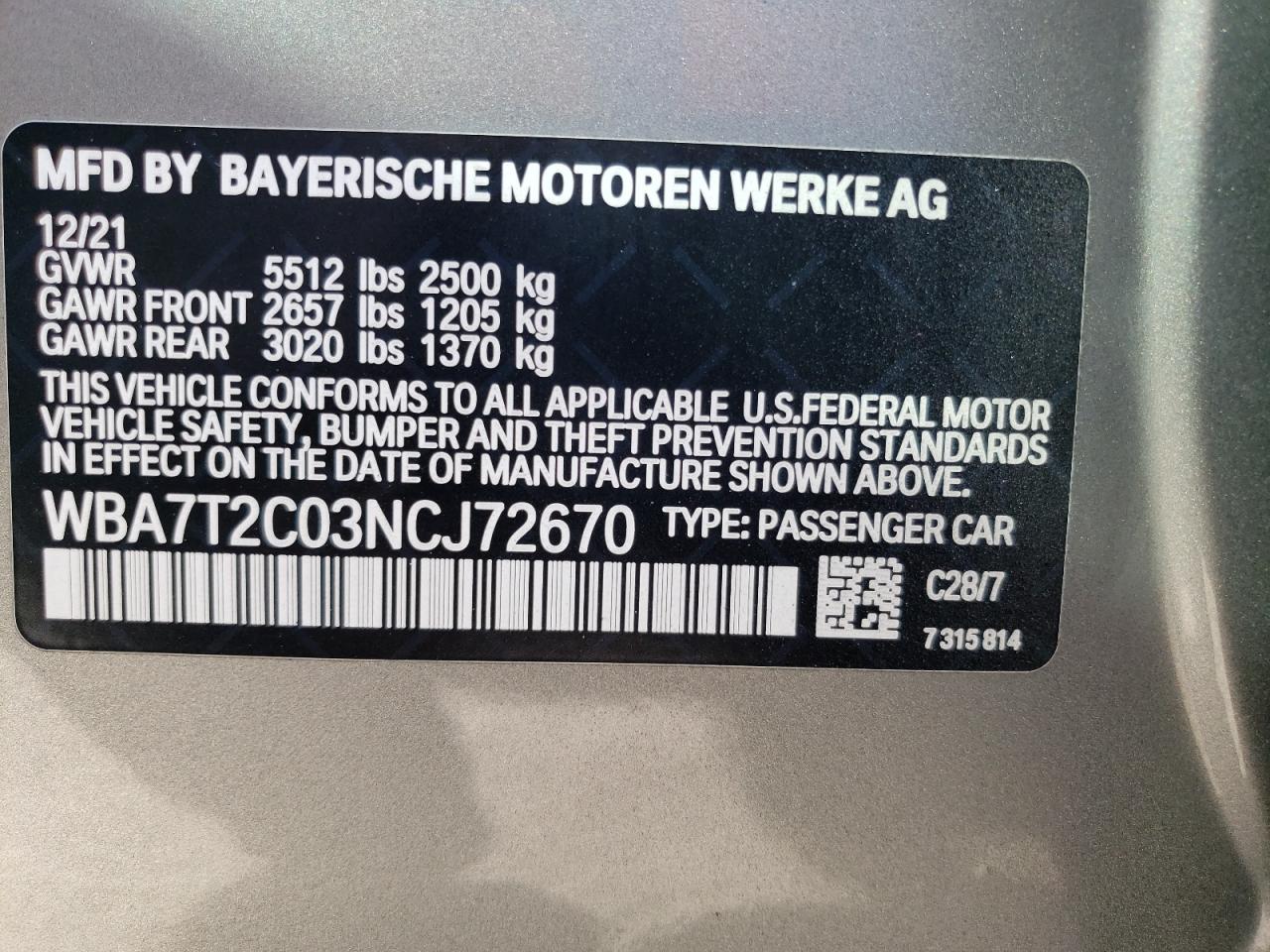 WBA7T2C03NCJ72670 2022 BMW 740 I