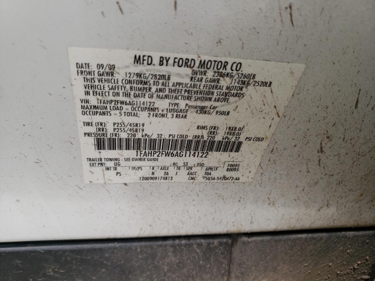 1FAHP2FW6AG114122 2010 Ford Taurus Limited