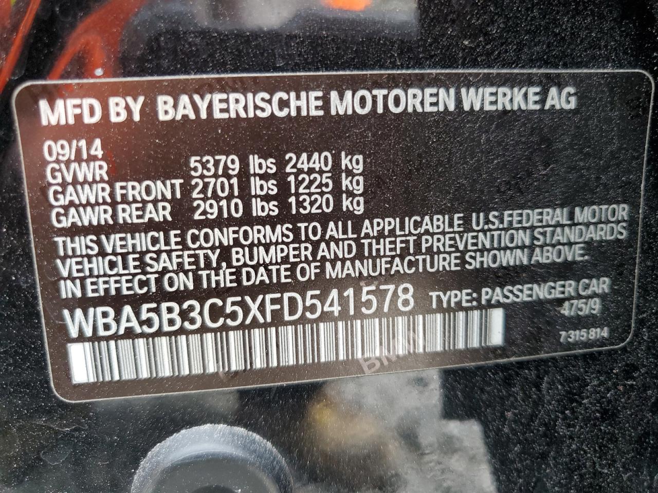 WBA5B3C5XFD541578 2015 BMW 535 Xi