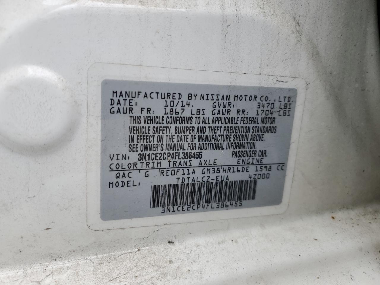 3N1CE2CP4FL386455 2015 Nissan Versa Note S