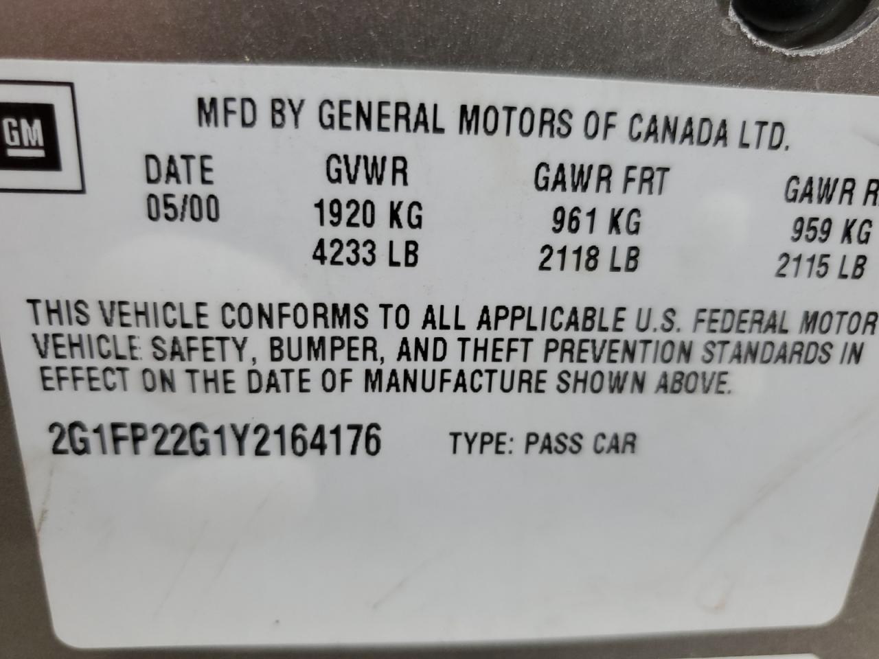 2G1FP22G1Y2164176 2000 Chevrolet Camaro Z28