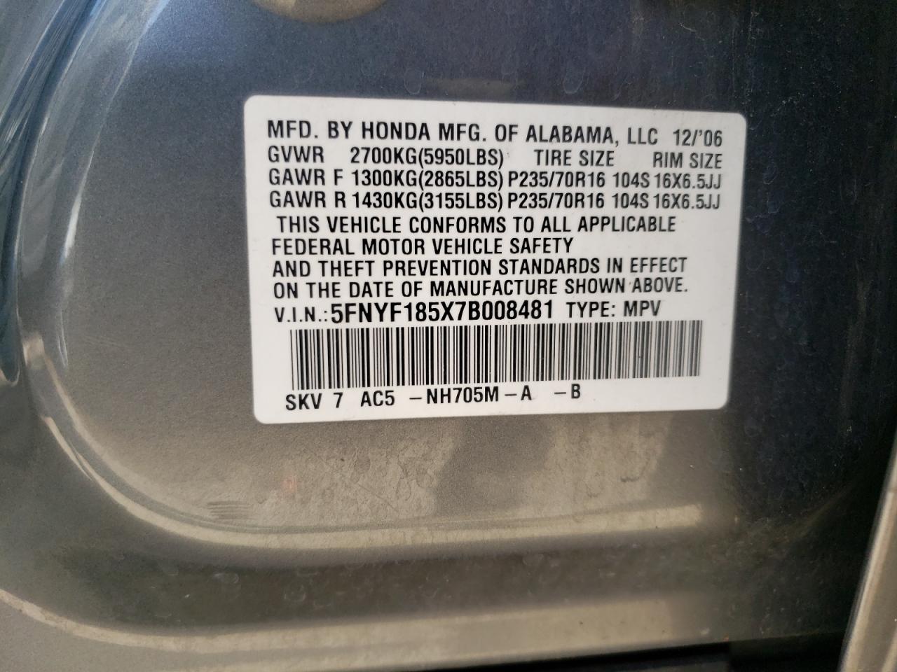 5FNYF185X7B008481 2007 Honda Pilot Exl