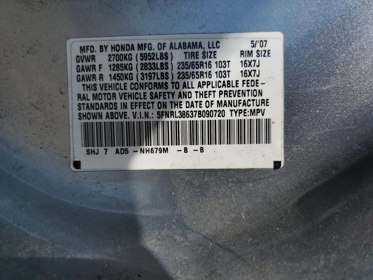 5FNRL38637B090720 2007 Honda Odyssey Exl