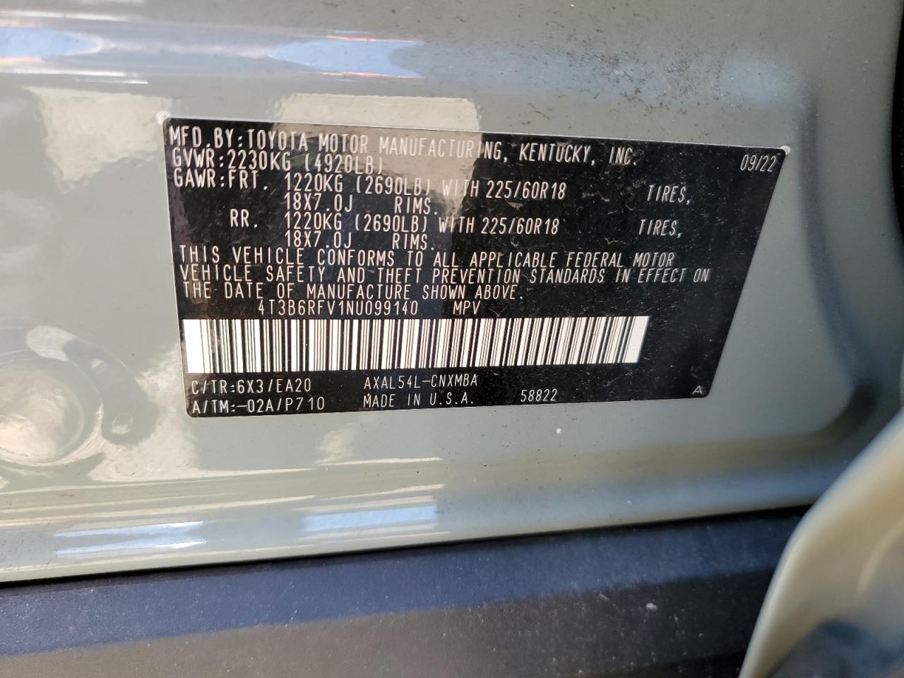 4T3B6RFV1NU099140 2022 Toyota Rav4 Xle Premium