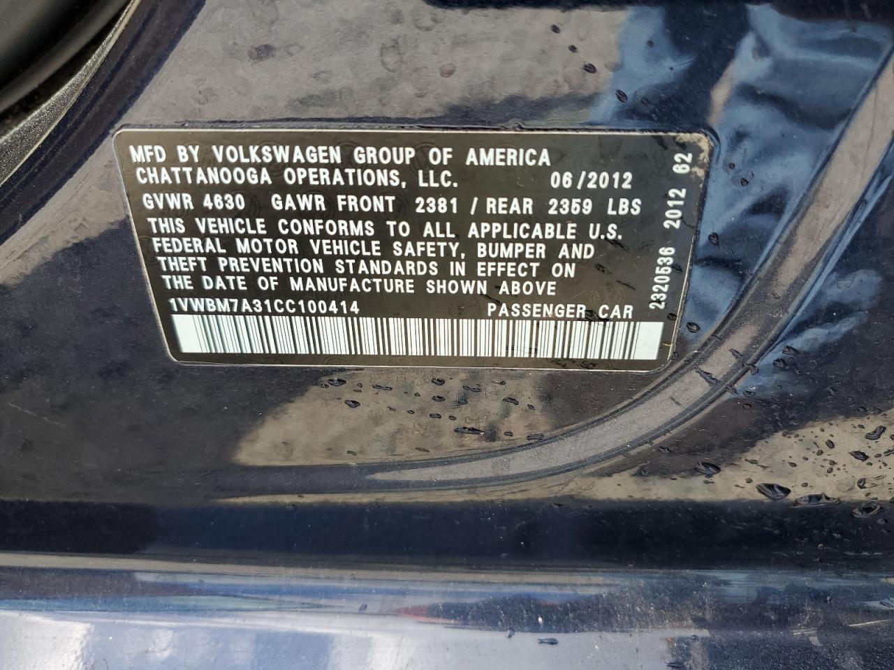 1VWBM7A31CC100414 2012 Volkswagen Passat Se