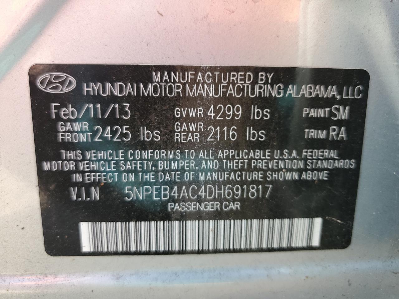 5NPEB4AC4DH691817 2013 Hyundai Sonata Gls