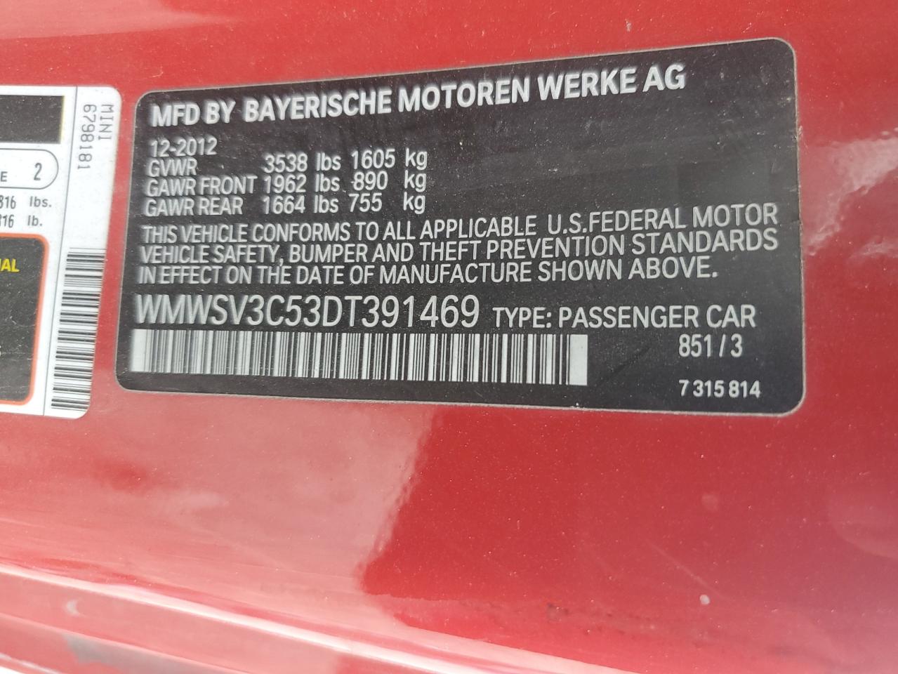 WMWSV3C53DT391469 2013 Mini Cooper S