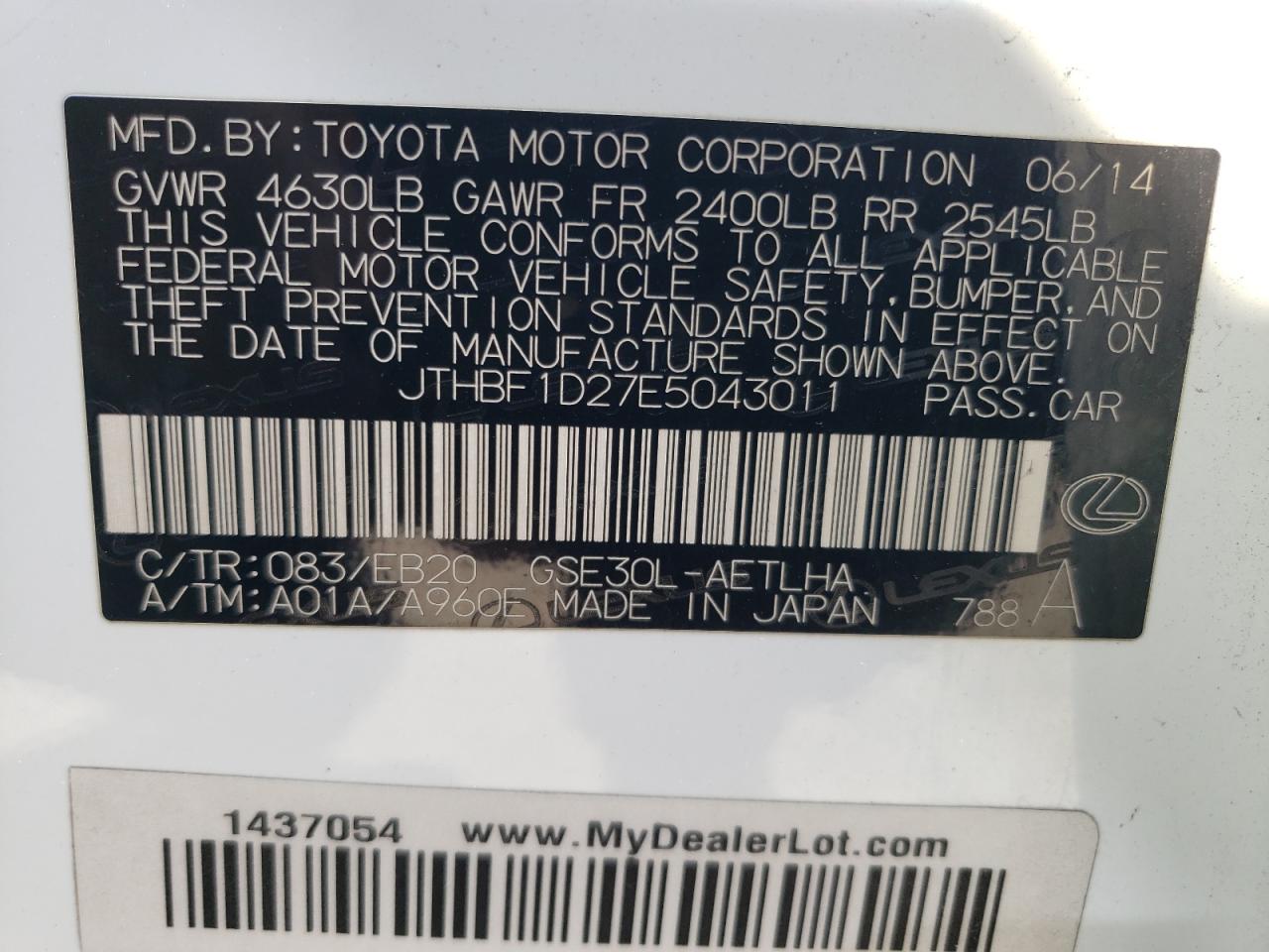 JTHBF1D27E5043011 2014 Lexus Is 250