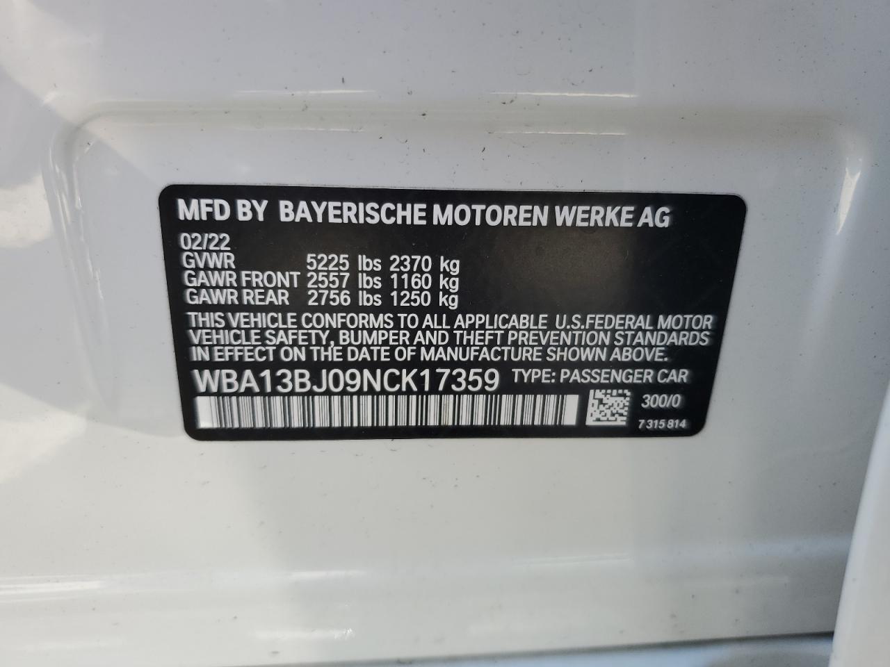 WBA13BJ09NCK17359 2022 BMW 530 Xi