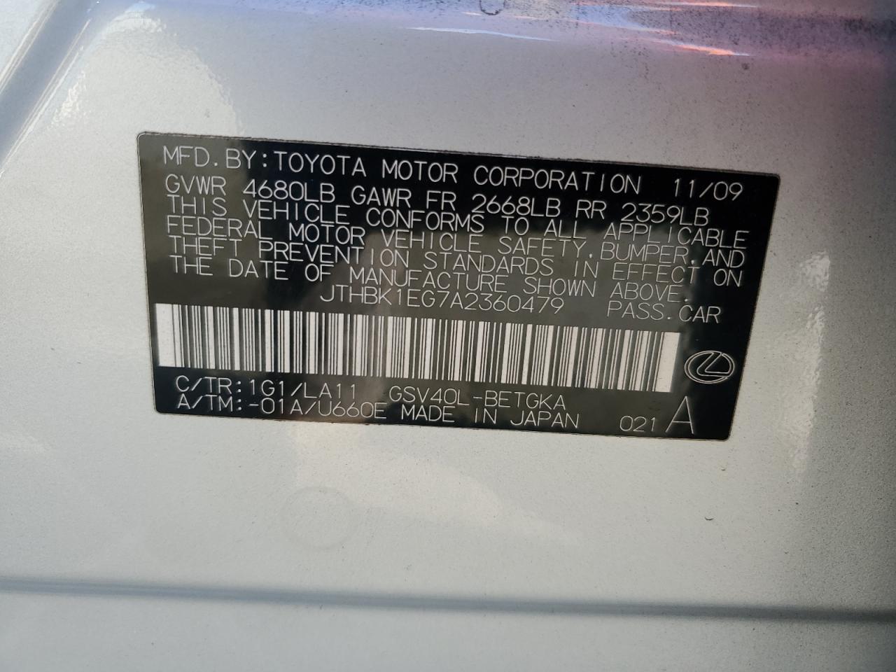 JTHBK1EG7A2360479 2010 Lexus Es 350