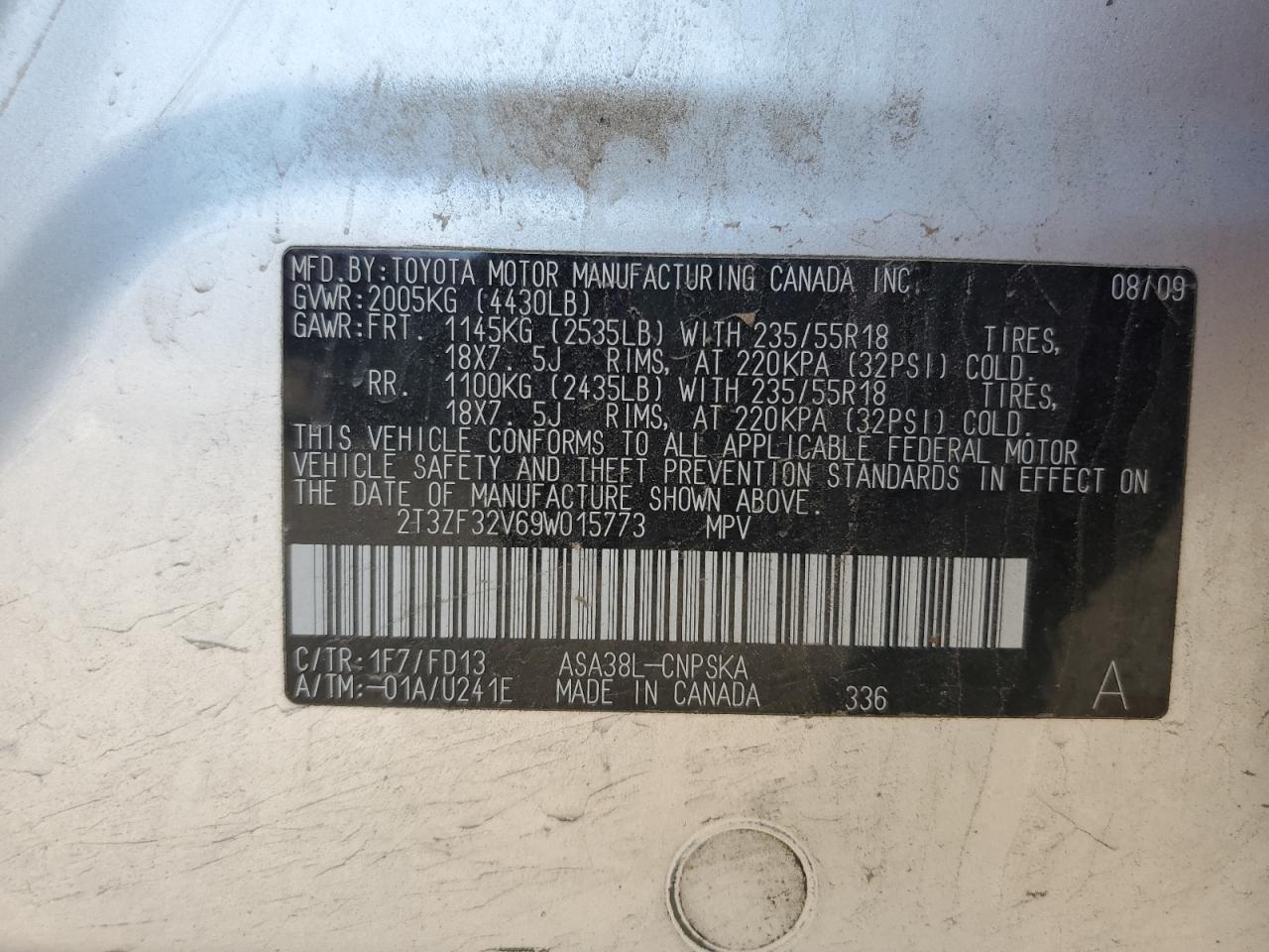 2T3ZF32V69W015773 2009 Toyota Rav4 Sport