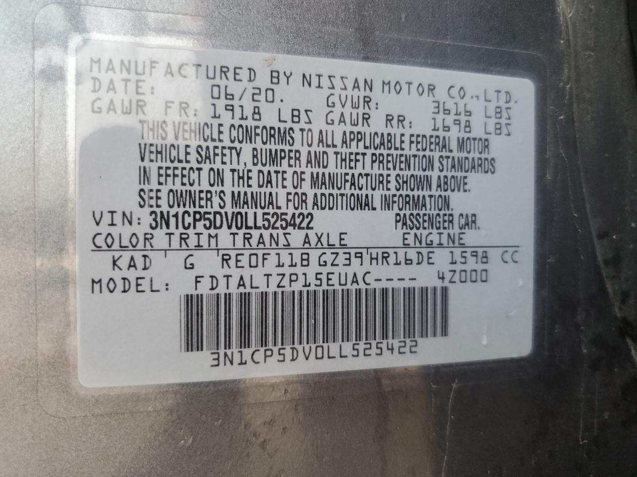 3N1CP5DV0LL525422 2020 Nissan Kicks Sr