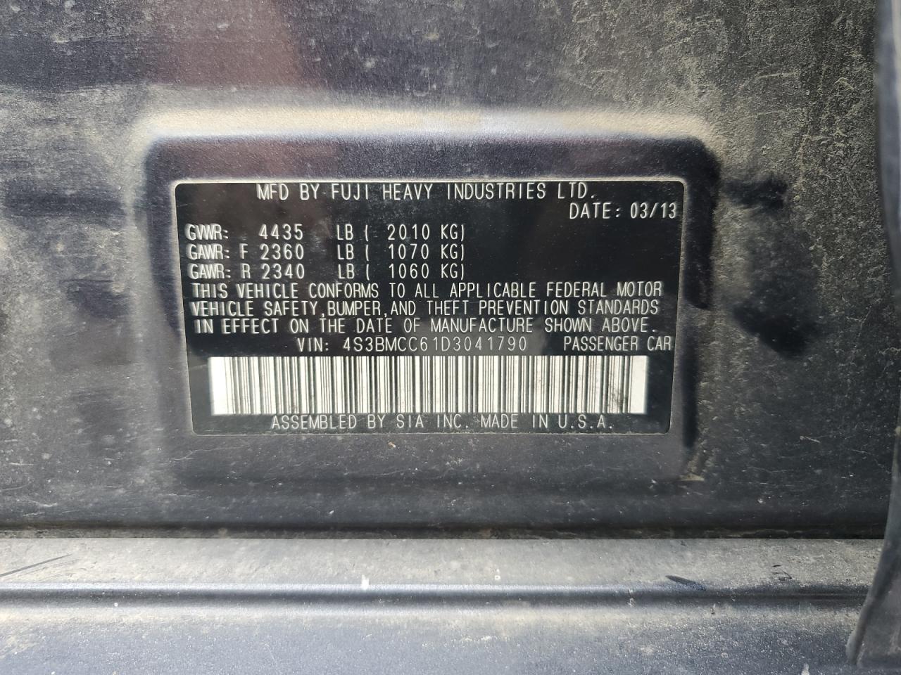 4S3BMCC61D3041790 2013 Subaru Legacy 2.5I Premium