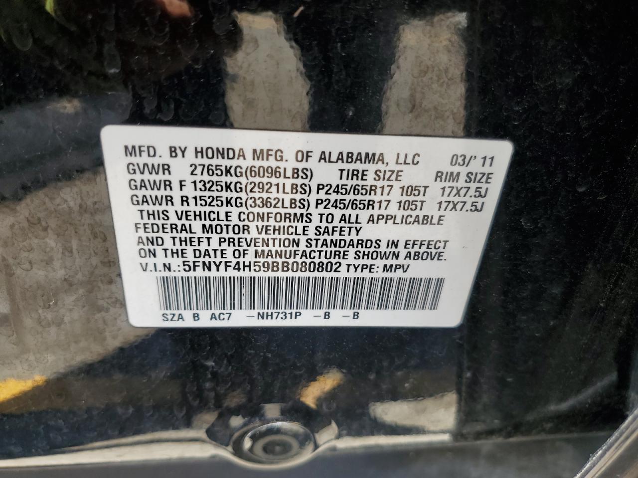 5FNYF4H59BB080802 2011 Honda Pilot Exl