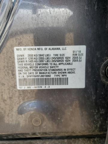 2018 Honda Pilot Touring VIN: 5FNYF6H97JB010082 Lot: 58909494