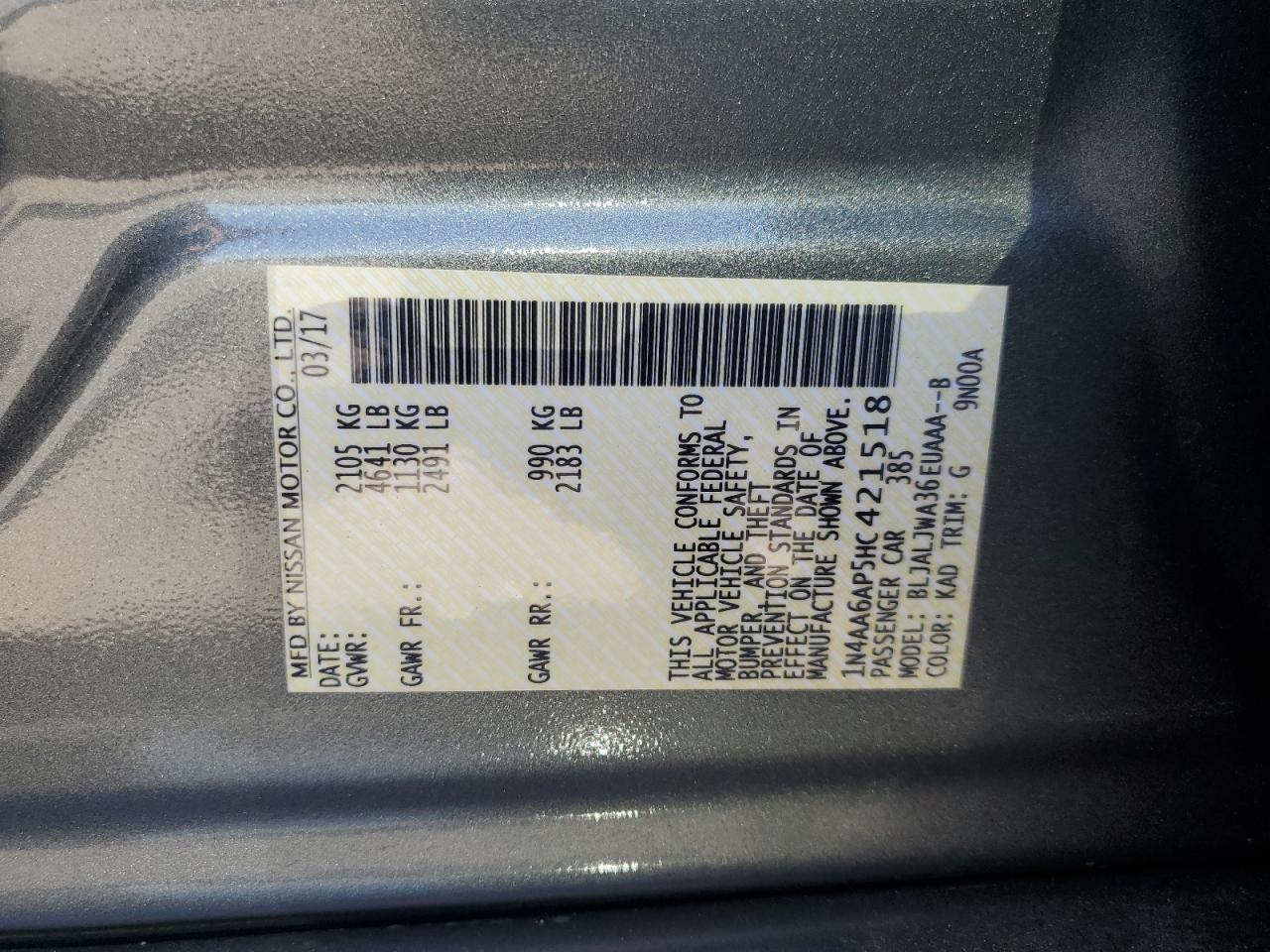 1N4AA6AP5HC421518 2017 Nissan Maxima 3.5S